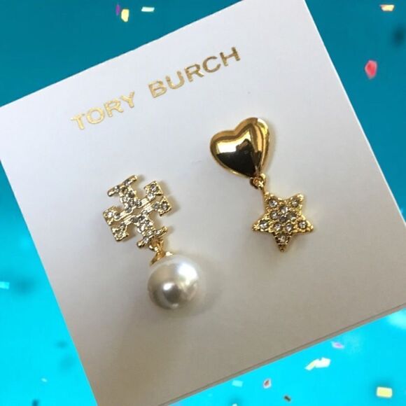 TORY BURCH MISMATCHED PEARL, HEART START DOUBLE T LOGO EARRINGS 14K GOLD/BRASS - Picture 1 of 5